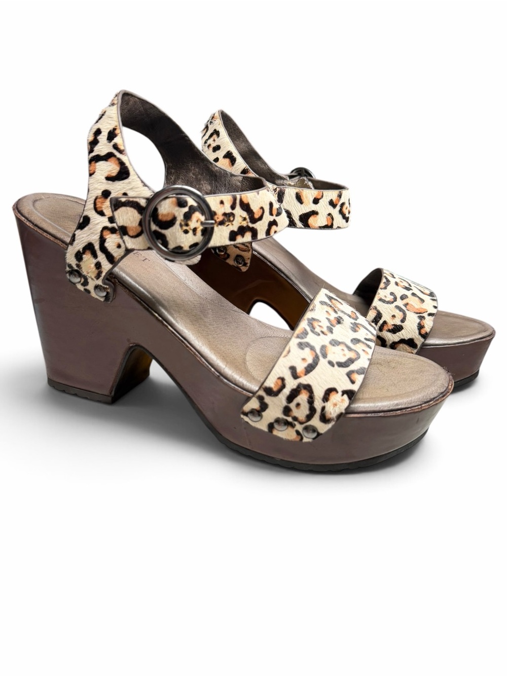 Naked Feet Oro Bone Leopard Stamped Calf Hair Leather Block Heel Platform Sandal